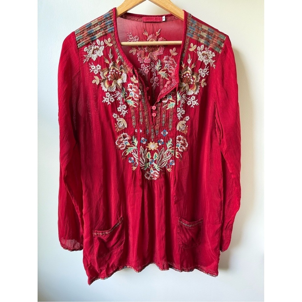 JOHNNY‎ WAS Carnation Blouse Red Floral Embroidered Pockets Boho Tunic Peasant S